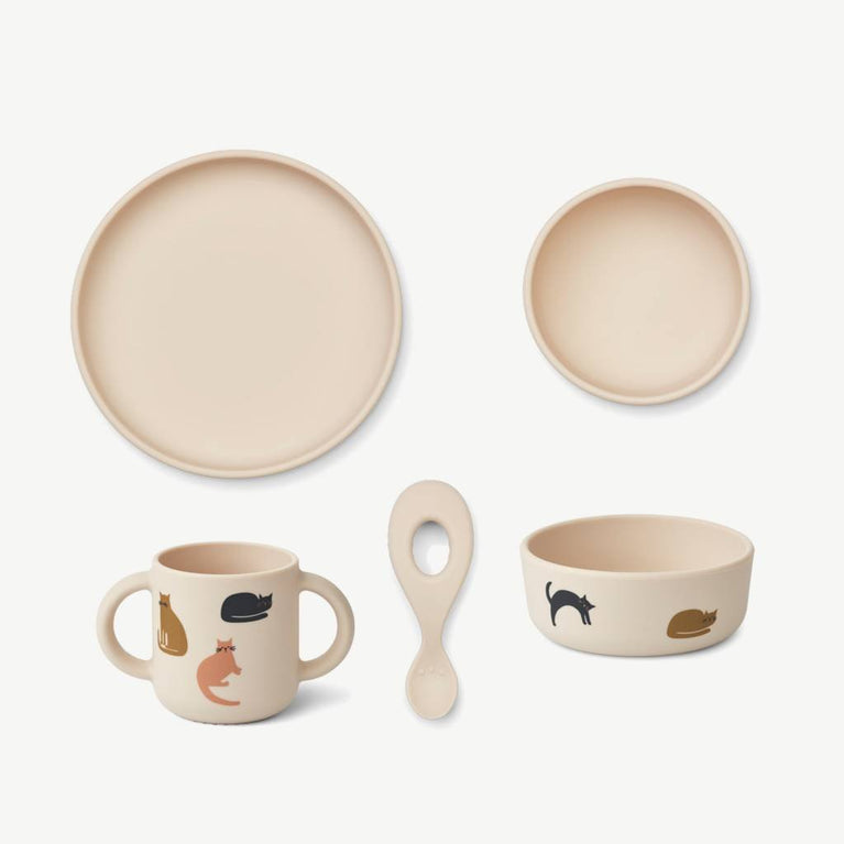 Liewood - Vivi Miauw Kindergeschirr aus Silikon in Apple Blossom - 4teilig - 5715335052819 - littlehipstar.com