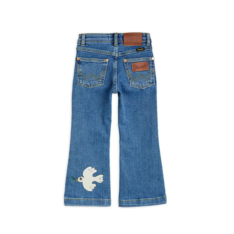 Mini Rodini - Mini Rodini x Wrangler Peace Dove Flared Denim Jeans in Blau - 5-7 Jahre (116/122) - 7332754610376 - littlehipstar.com